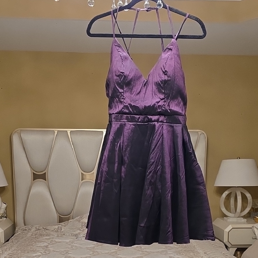 Camille La Vie Purple Satin Prom Dress Wedding Cocktail